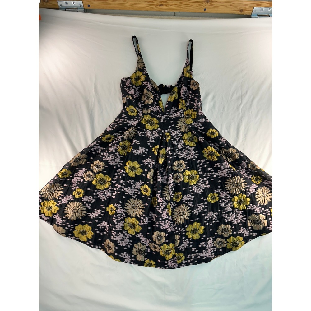 Anthropologie Floral Jacquard Fit Flare Dress Black Gold Lavender Size 10